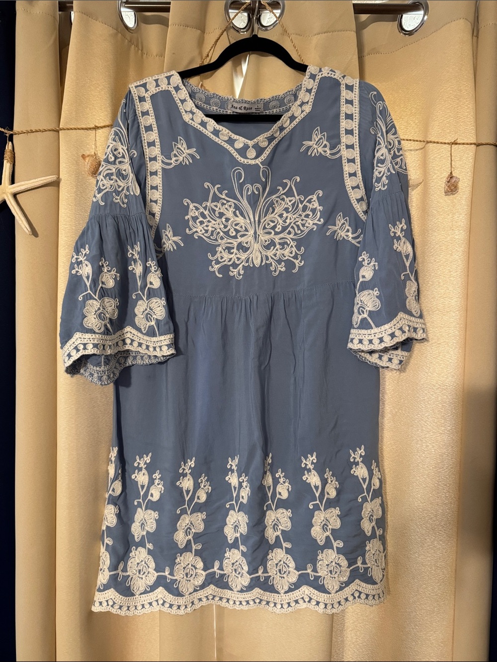 Blue Mini Dress with White Embroidered Detail